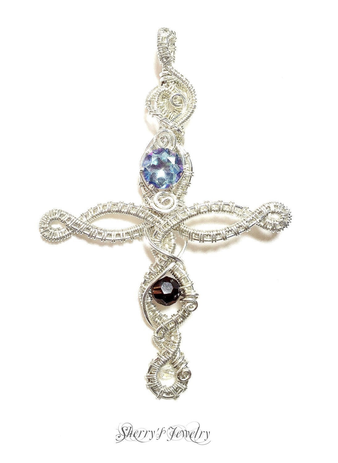 Silver Cross, Handmade mystic blue and brown crystal woven Elvish cross