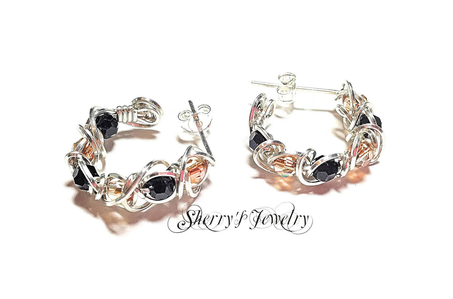 Silver Black Copper crystal hoop earrings