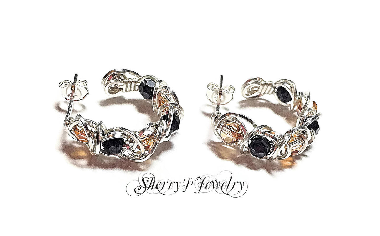 Silver Black Copper crystal hoop earrings
