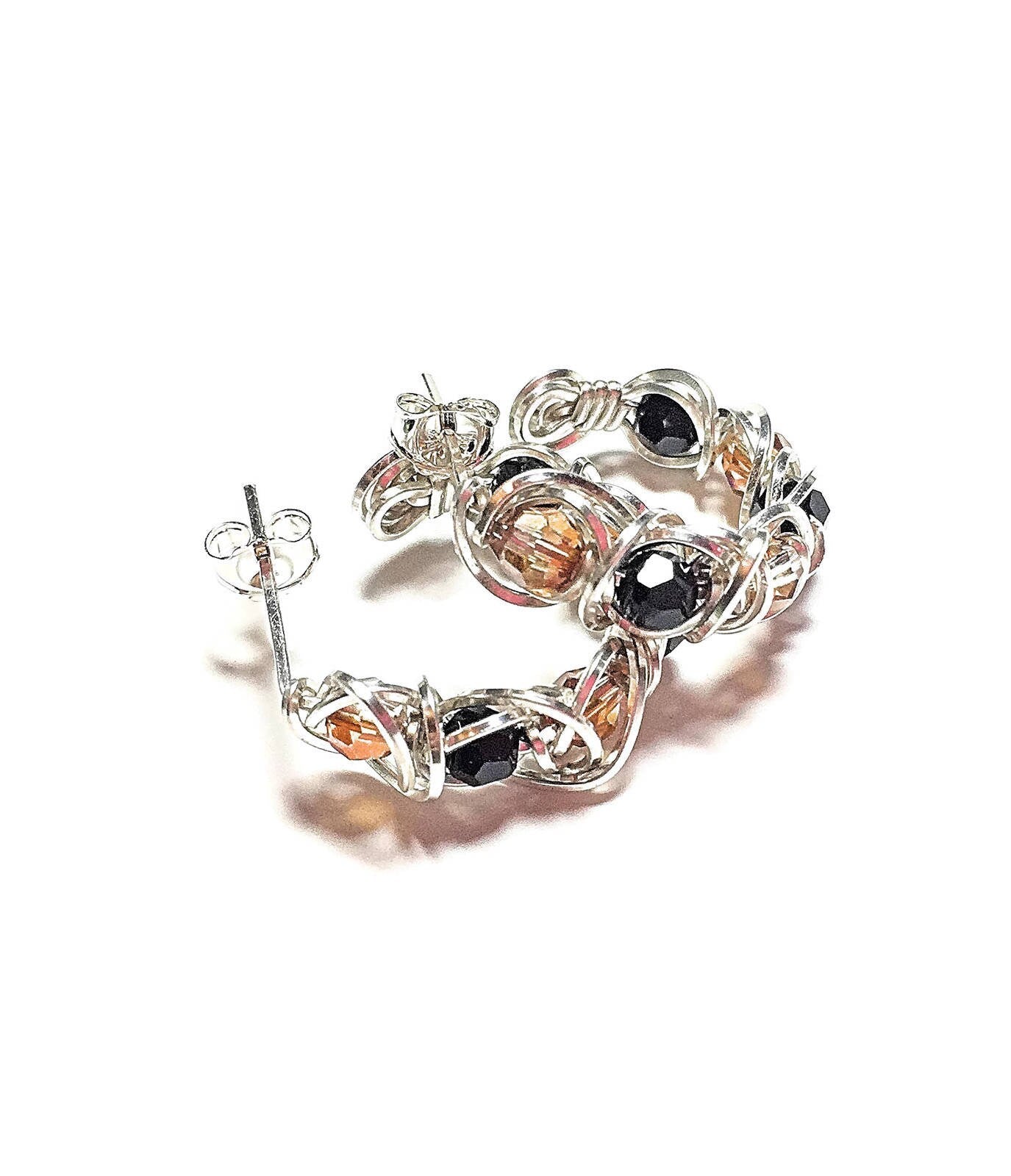 Silver Black Copper crystal hoop earrings