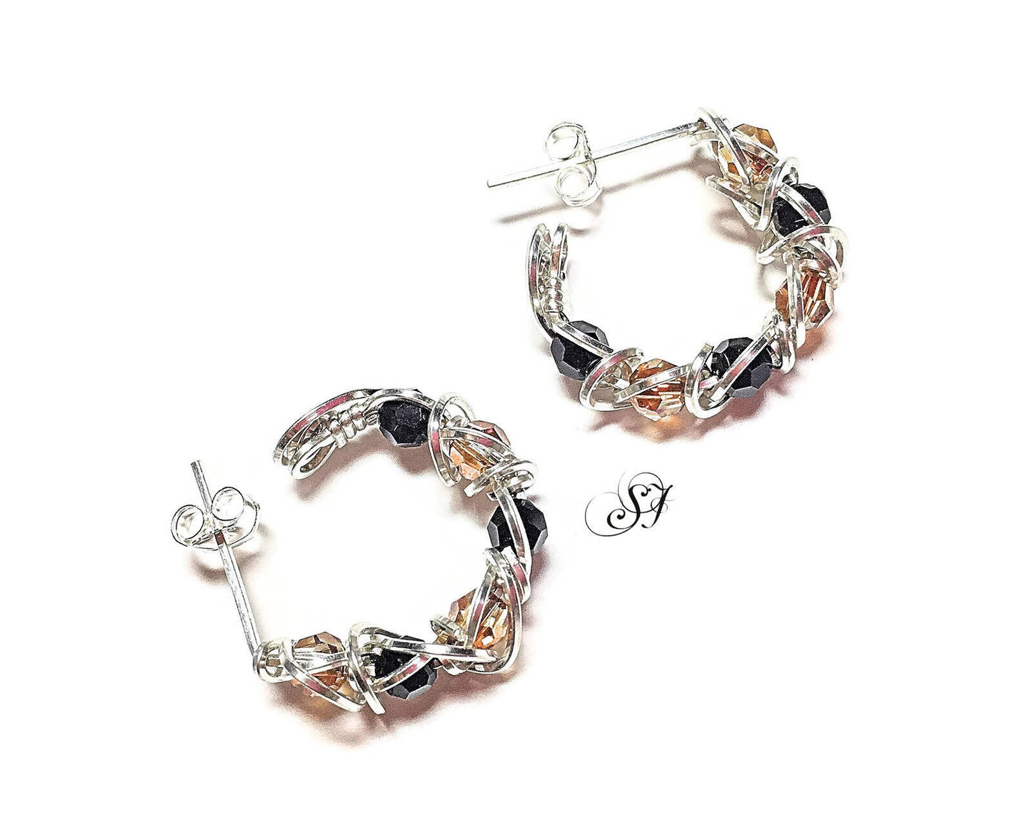 Silver Black Copper crystal hoop earrings