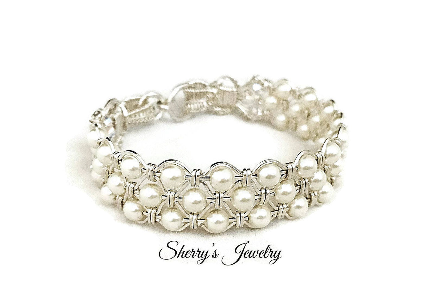 Silver Cream Pearl Bangle Bracelet