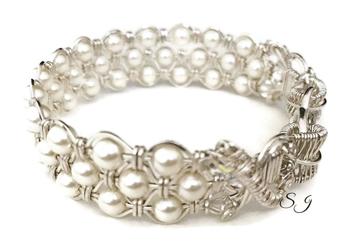 Silver Cream Pearl Bangle Bracelet