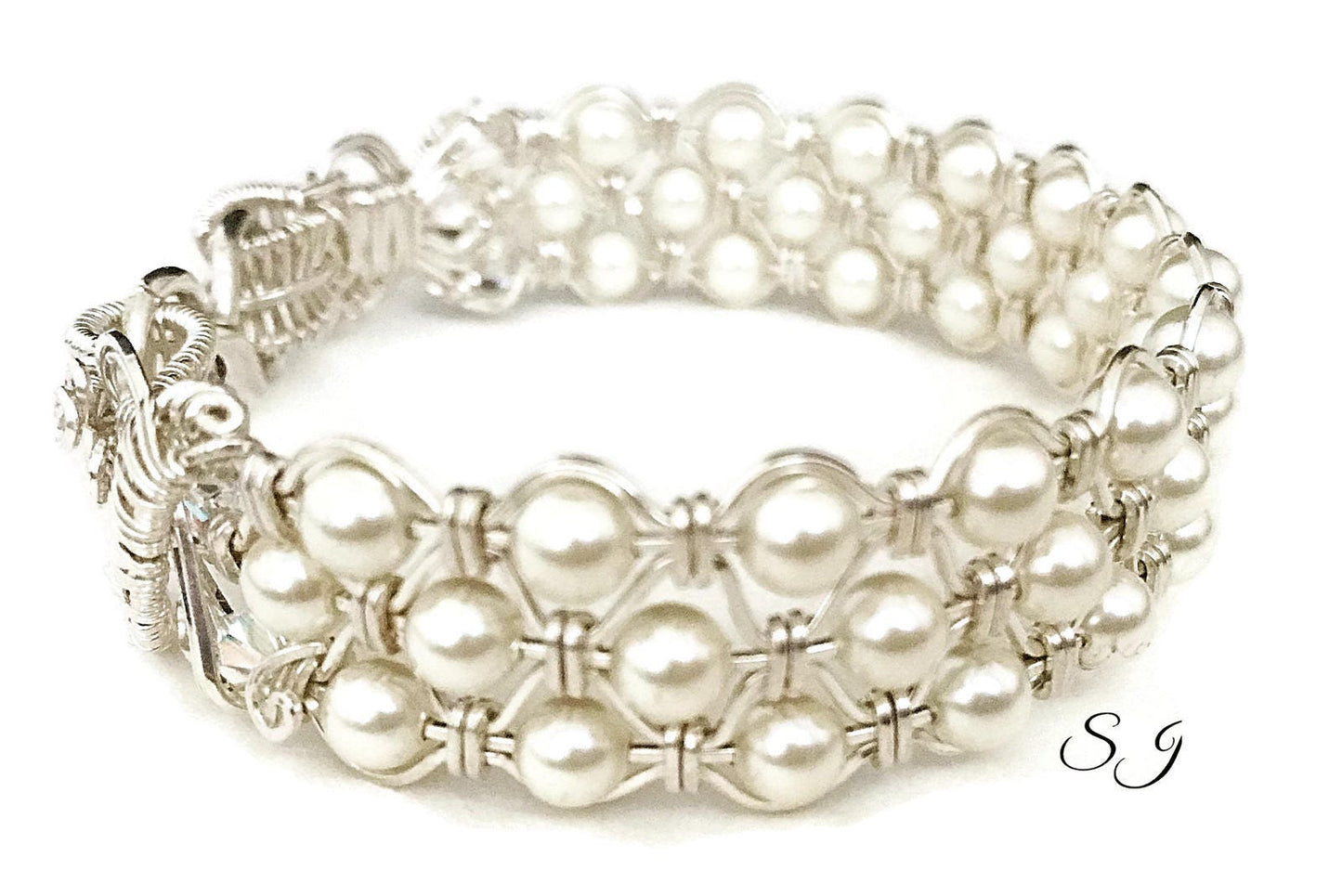 Silver Cream Pearl Bangle Bracelet