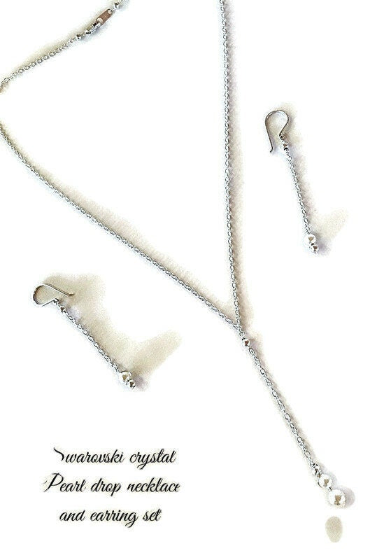 Silver White Swarovski pearl drop necklace and earring set