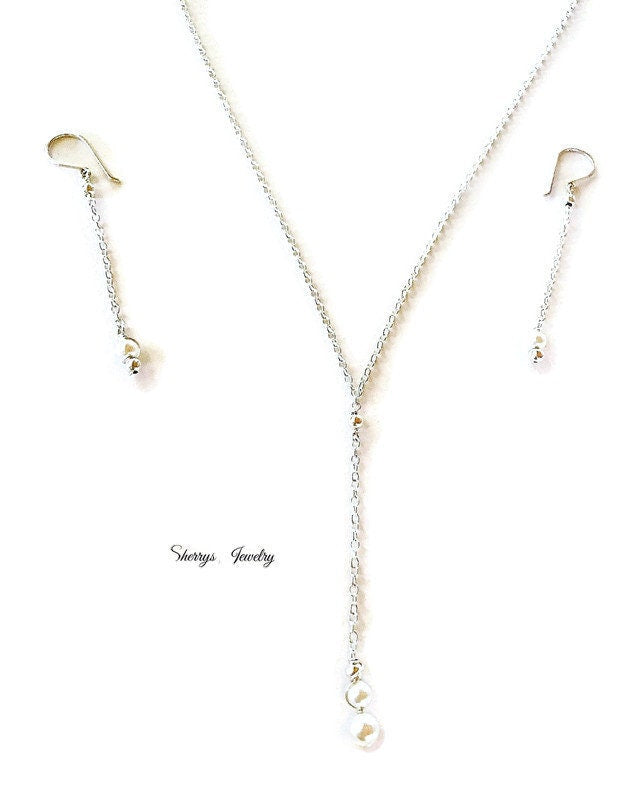 Silver White Swarovski pearl drop necklace and earring set