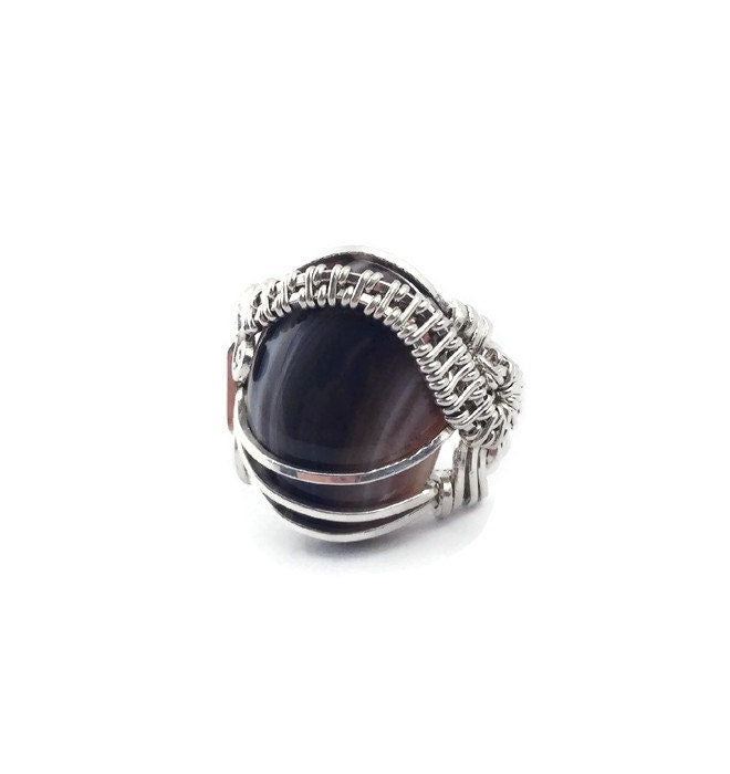 Silver Brown banded onyx ring