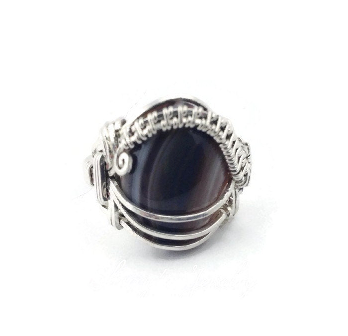 Silver Brown banded onyx ring