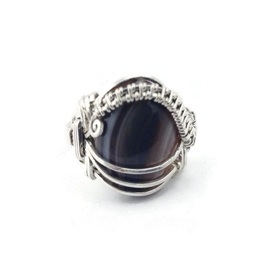 Silver Brown banded onyx ring