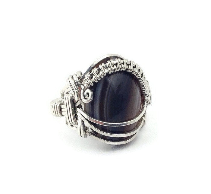 Silver Brown banded onyx ring