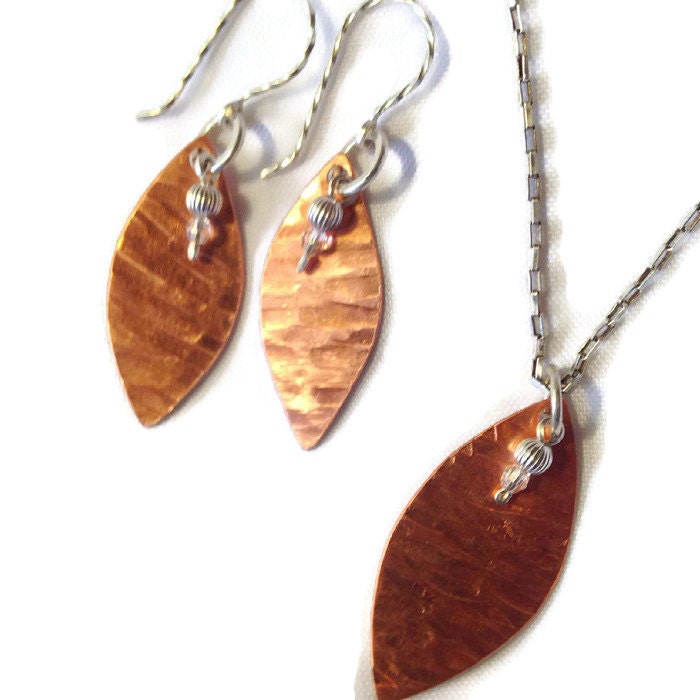 Silver hammered copper necklace and earring set