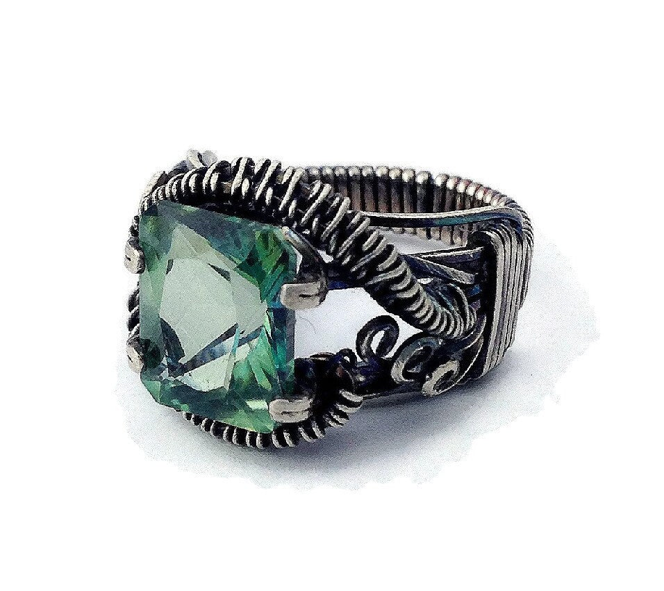 Silver Emerald Cut Green Topaz ring