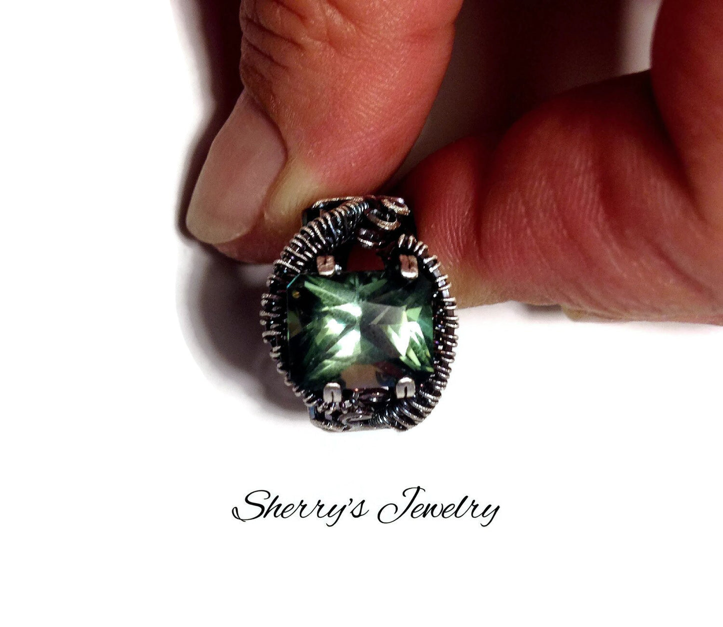 Silver Emerald Cut Green Topaz ring