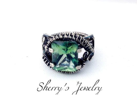 Silver Emerald Cut Green Topaz ring