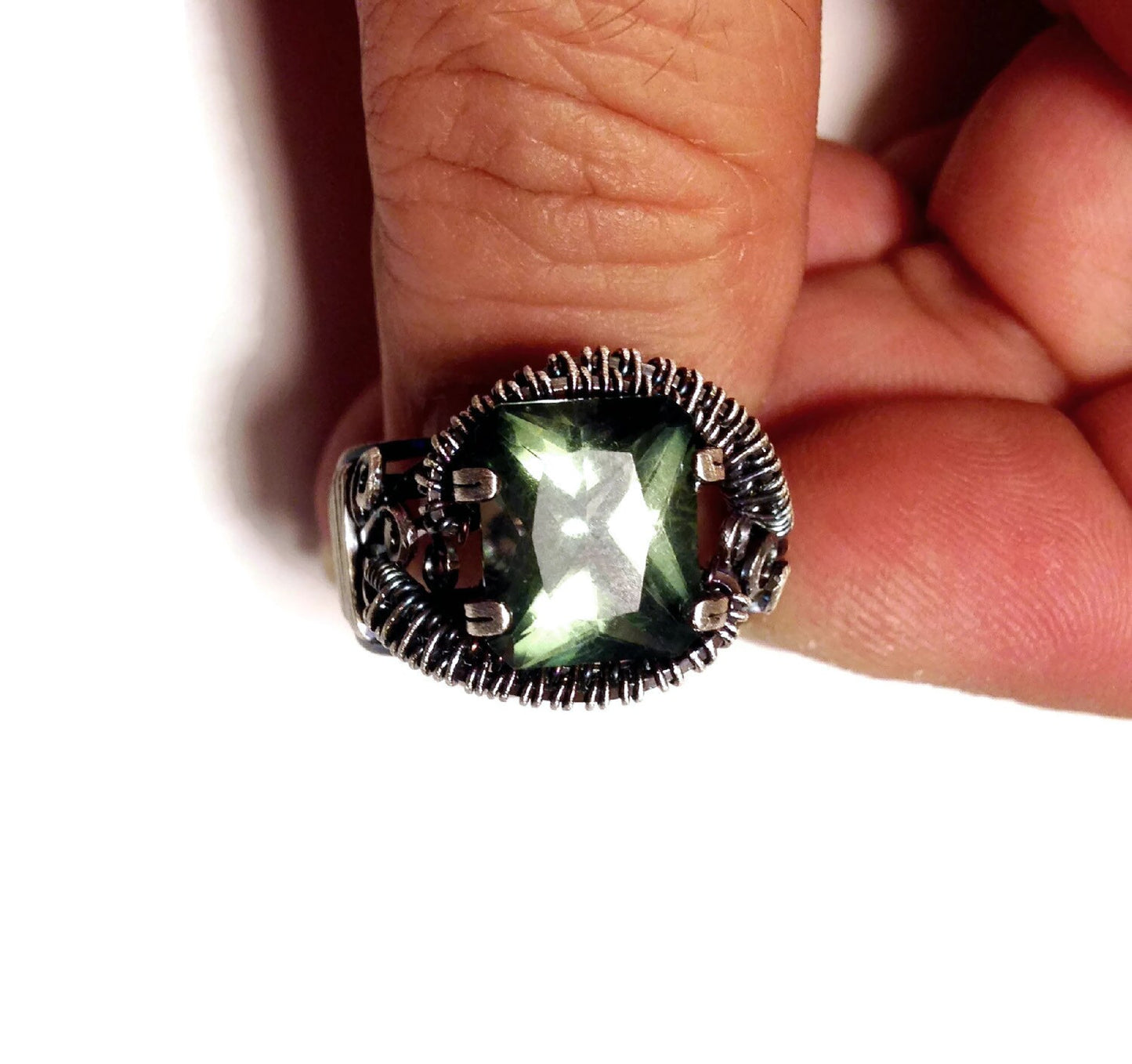 Silver Emerald Cut Green Topaz ring