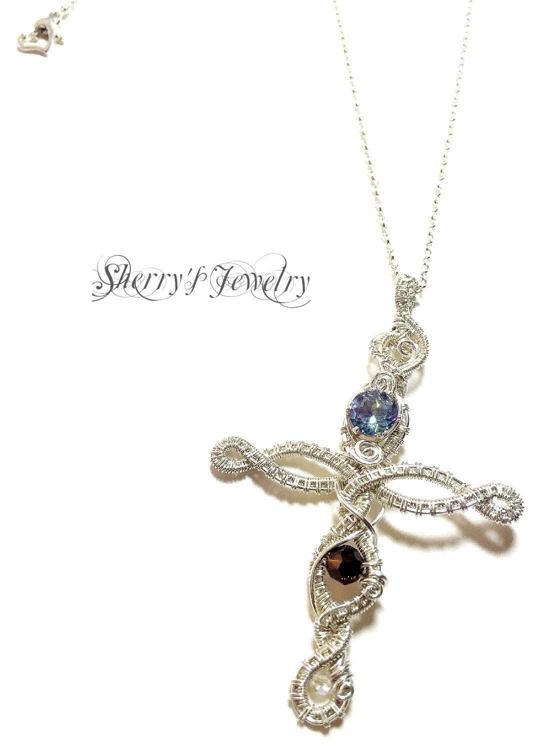 Silver Cross, Handmade mystic blue and brown crystal woven Elvish cross