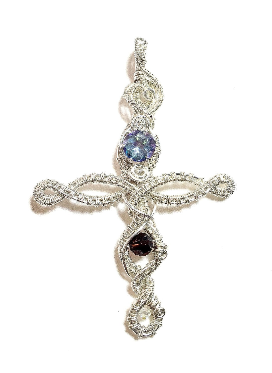 Silver Cross, Handmade mystic blue and brown crystal woven Elvish cross
