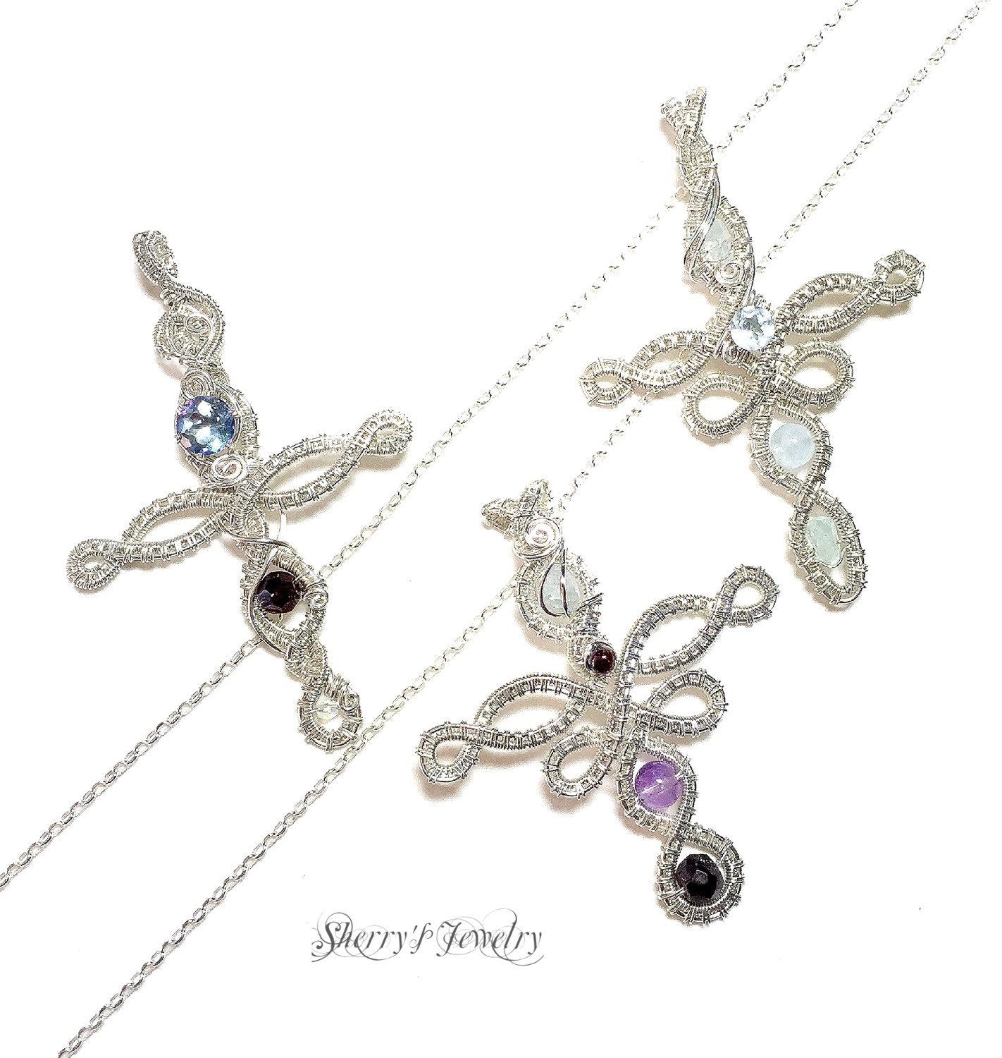 Silver Cross, Handmade mystic blue and brown crystal woven Elvish cross