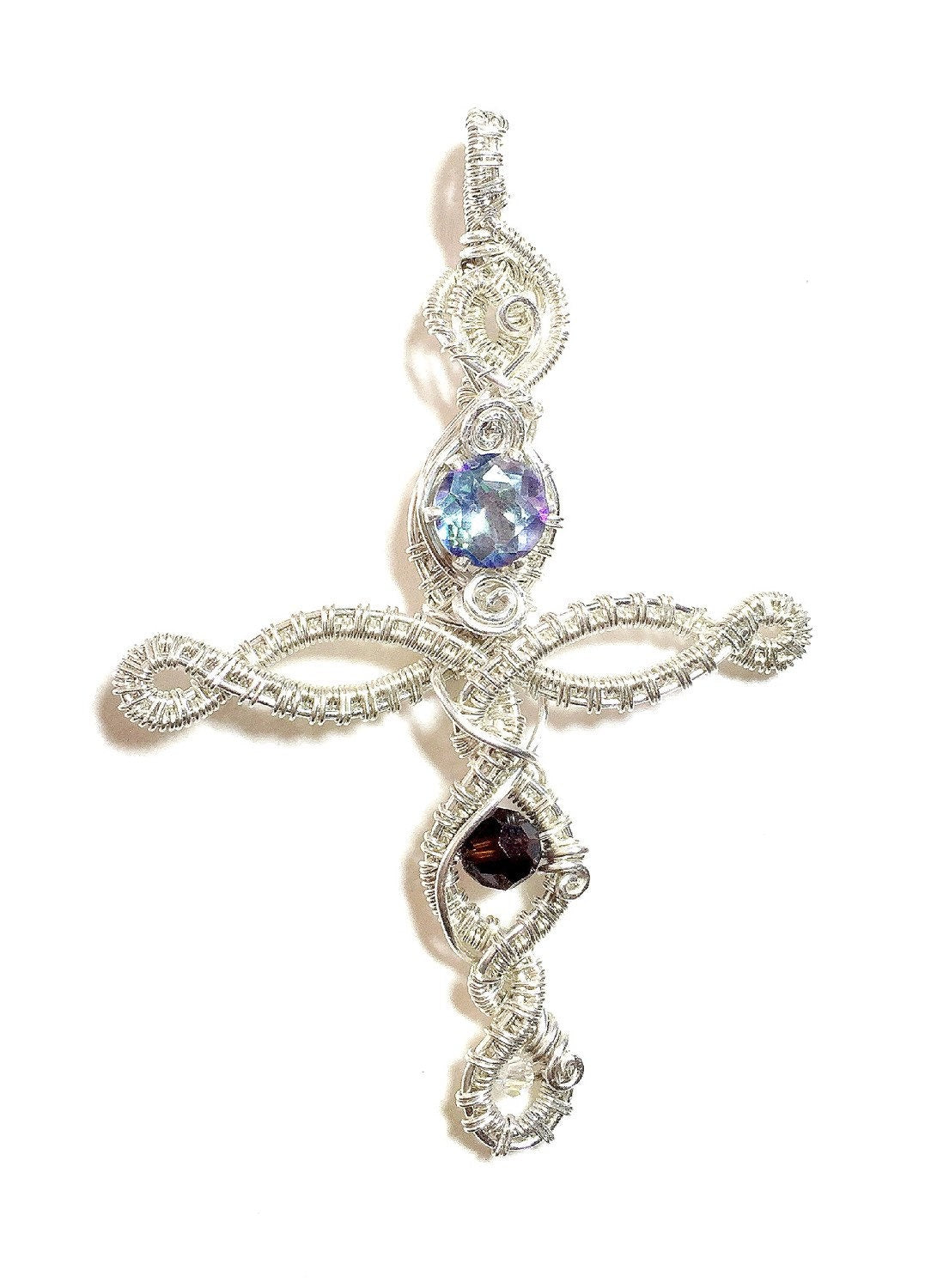 Silver Cross, Handmade mystic blue and brown crystal woven Elvish cross